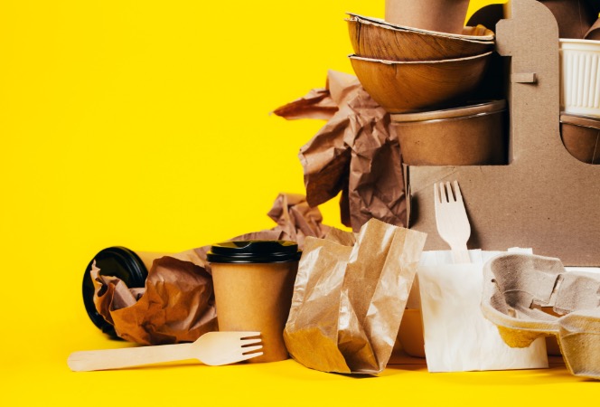 An array of food packaging, cups and cutlery; for the Waste Reduction image, add A close-up of the Reduce–Reuse–Recycle insignia